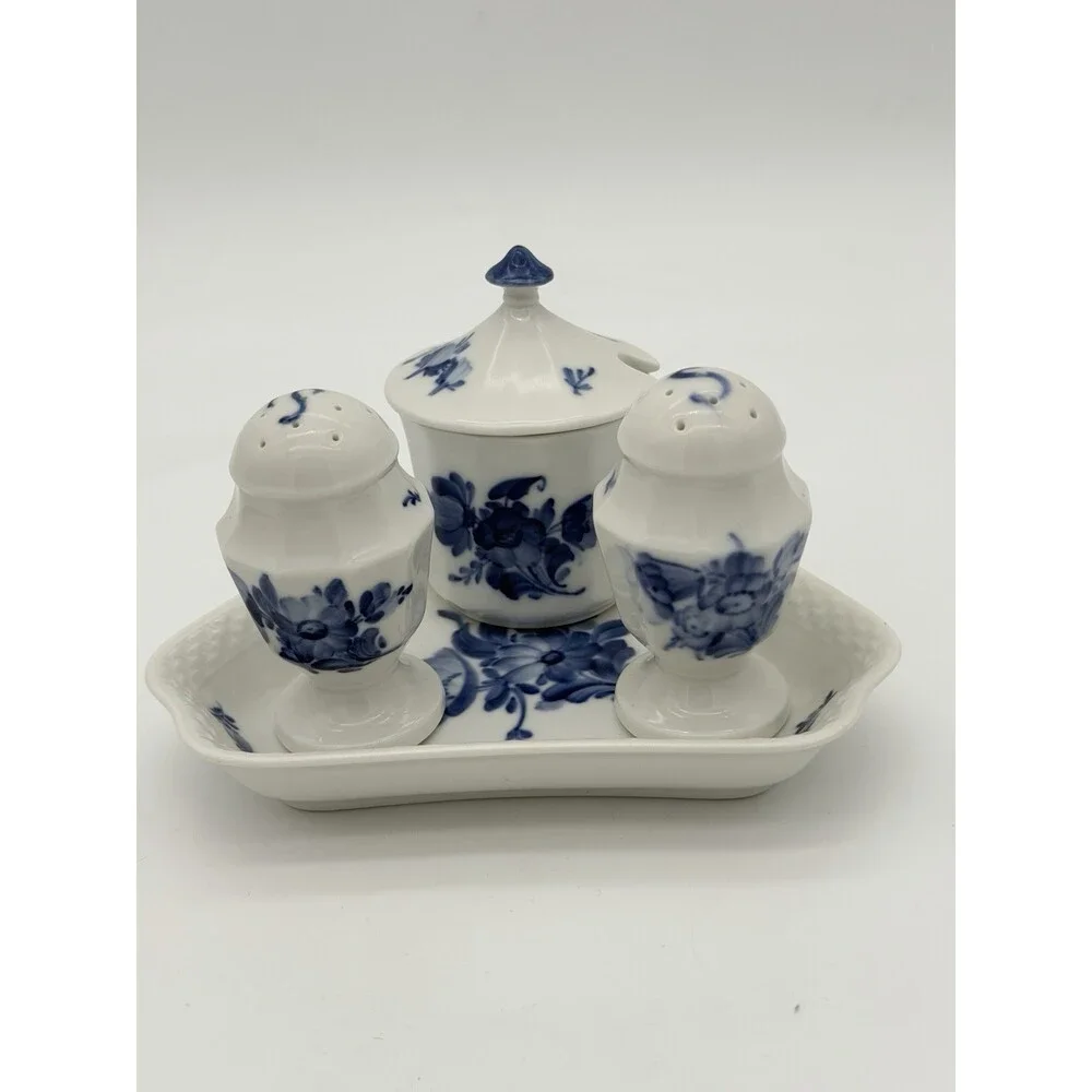 Royal Copenhagen Denmark Porcelain Salt & Pepper Tray Mustard Pot Set 5 PCs